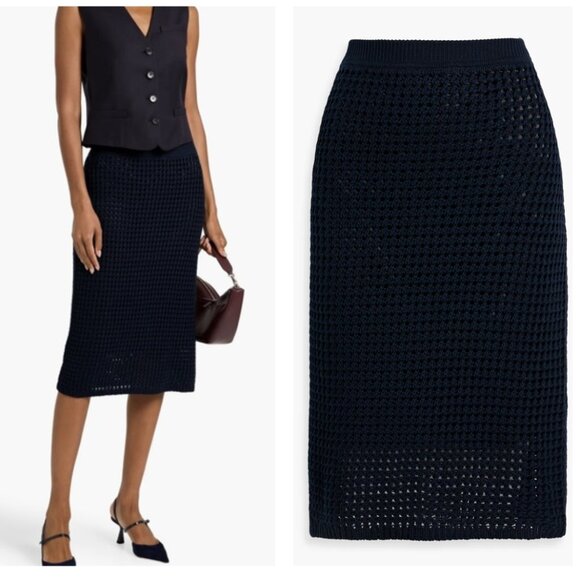 THEORY Crocheted Cotton Midi Skirt | Navy Blue | Open Knit Slip-On | Size L - Picture 2 of 2